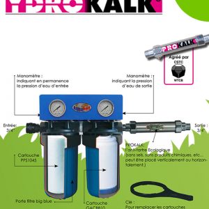 L’Ydrokalk + Prokalk filtre l’eau de toute la maison et élimine le tartre sans électricité, ni produits chimiques